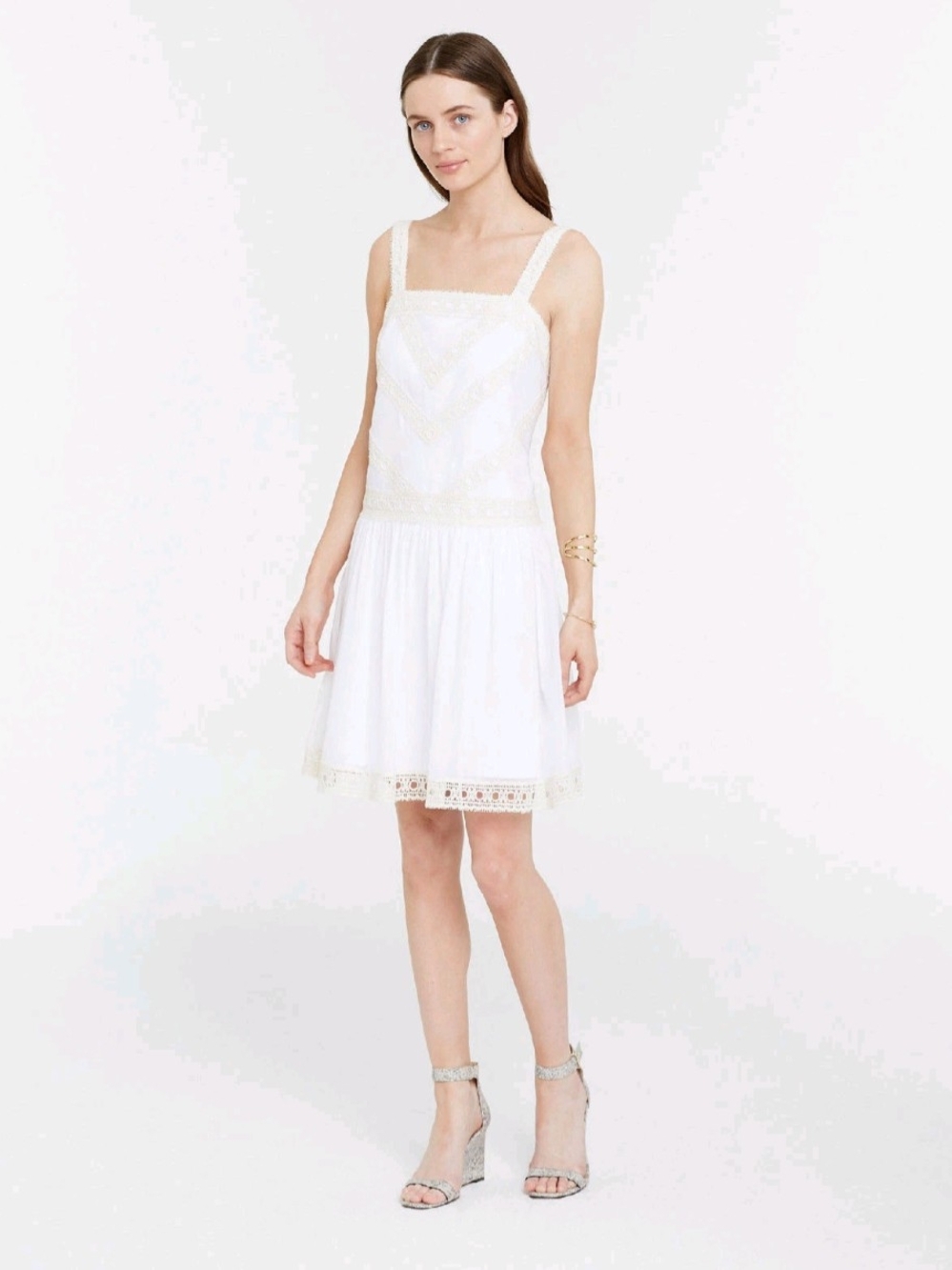 Ann Taylor White Lace-Trim Square-Neck Mini Dress